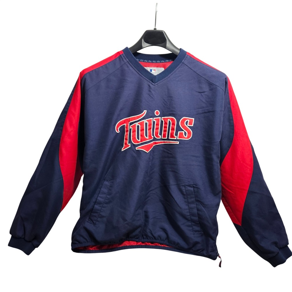 MLB Minnesota Twins Windbreaker Pullover Navy Red V-Neck Side Zip Mens Large L *